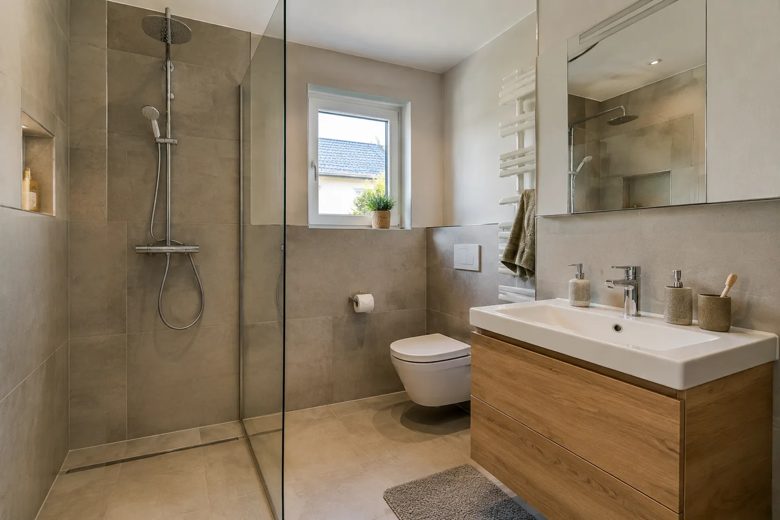 Modernes Badezimmer mit Glasdusche und Holzwaschtisch