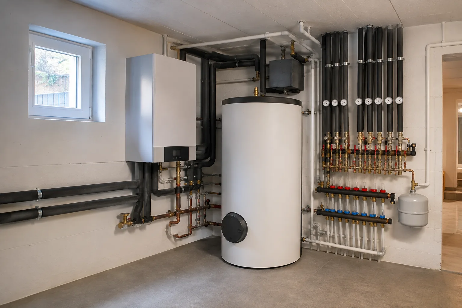 Technikraum mit moderner Heizungsinstallation und Speicher