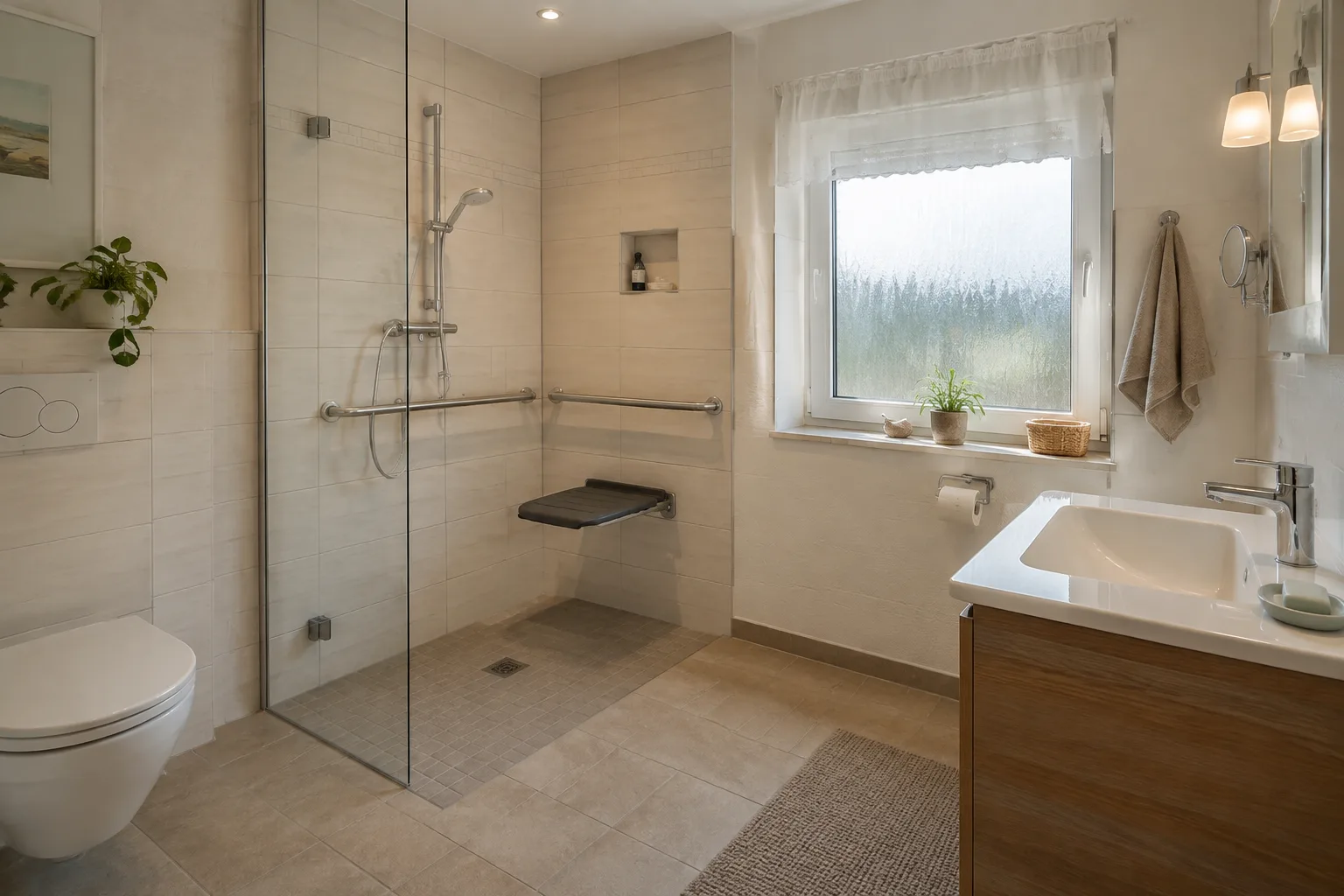 Zugängliche Dusche mit Sitz und Haltegriffen in einem wohnlichen Bad