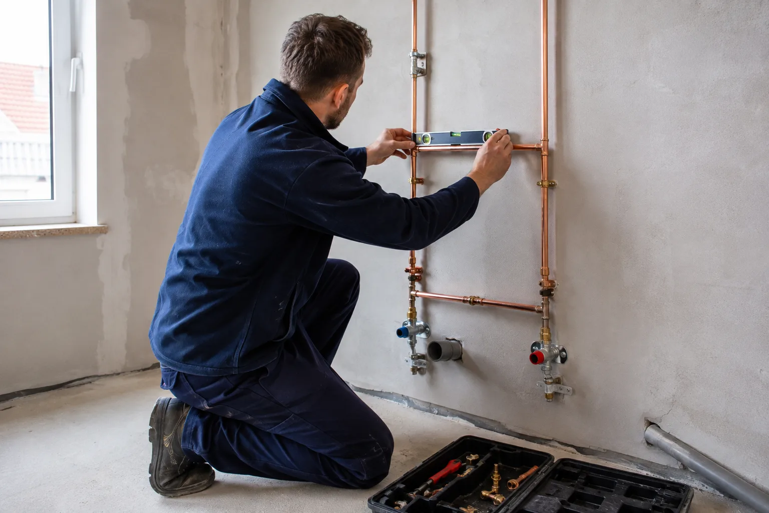 Beispielbild eines Handwerkers beim Ausrichten einer Rohrinstallation
