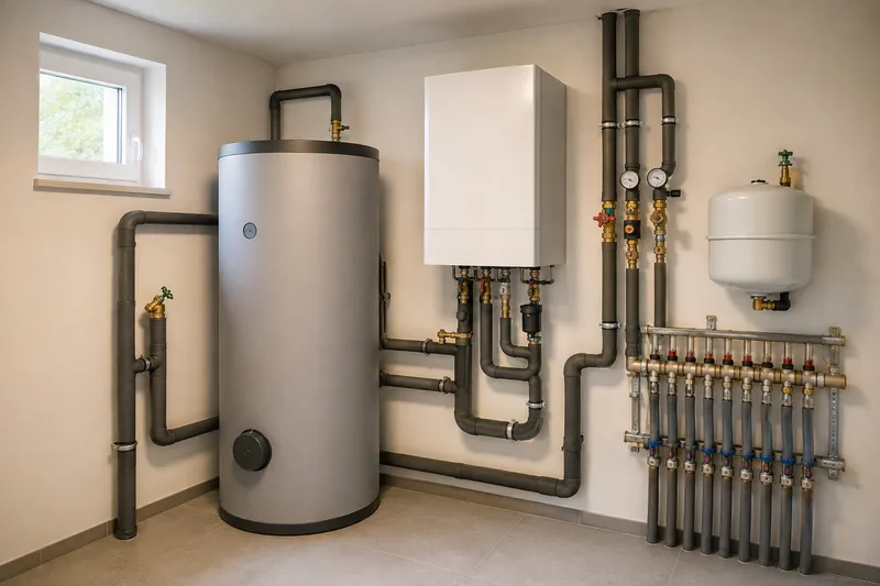 Heizungsinstallation mit Speicher und gedämmten Rohrleitungen im Technikraum