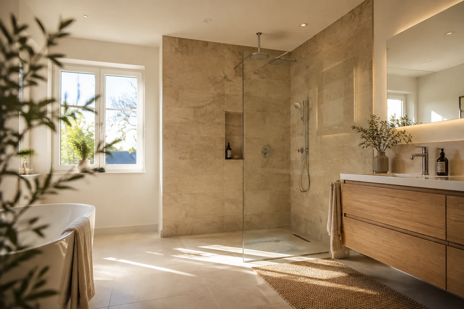 Wohnliches Badezimmer mit Glasdusche, Eichenwaschtisch und warmem Tageslicht