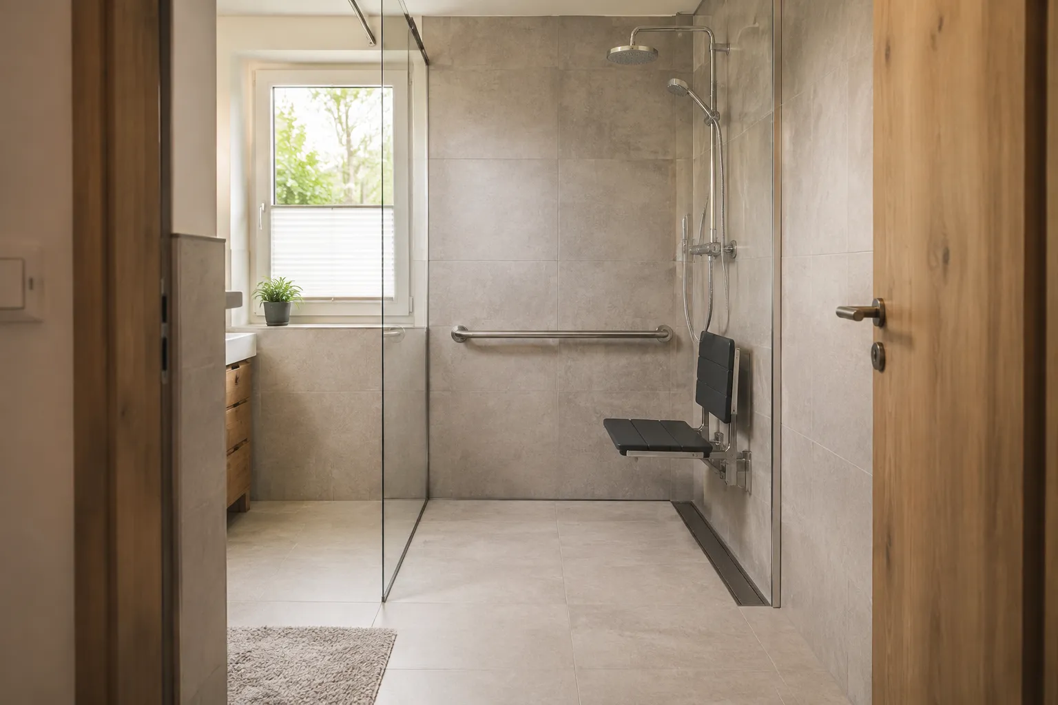 Schwellenarme Dusche mit Haltegriff und klappbarem Sitz
