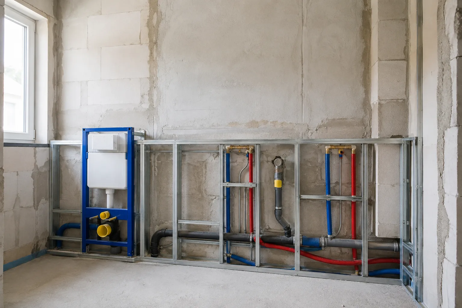 Vorbereitete Sanitärleitungen und Anschlüsse im Rohbau