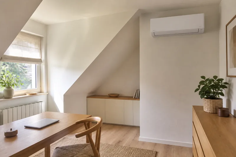Helles Arbeitszimmer im Dachgeschoss mit wandmontiertem Klimagerät