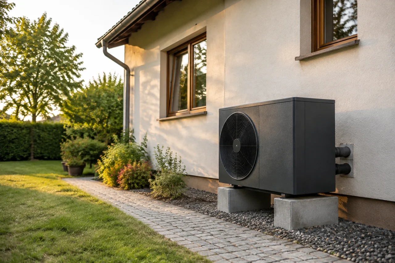 Luft-Wasser-Wärmepumpe auf Betonsockeln neben einem Wohnhaus mit Garten